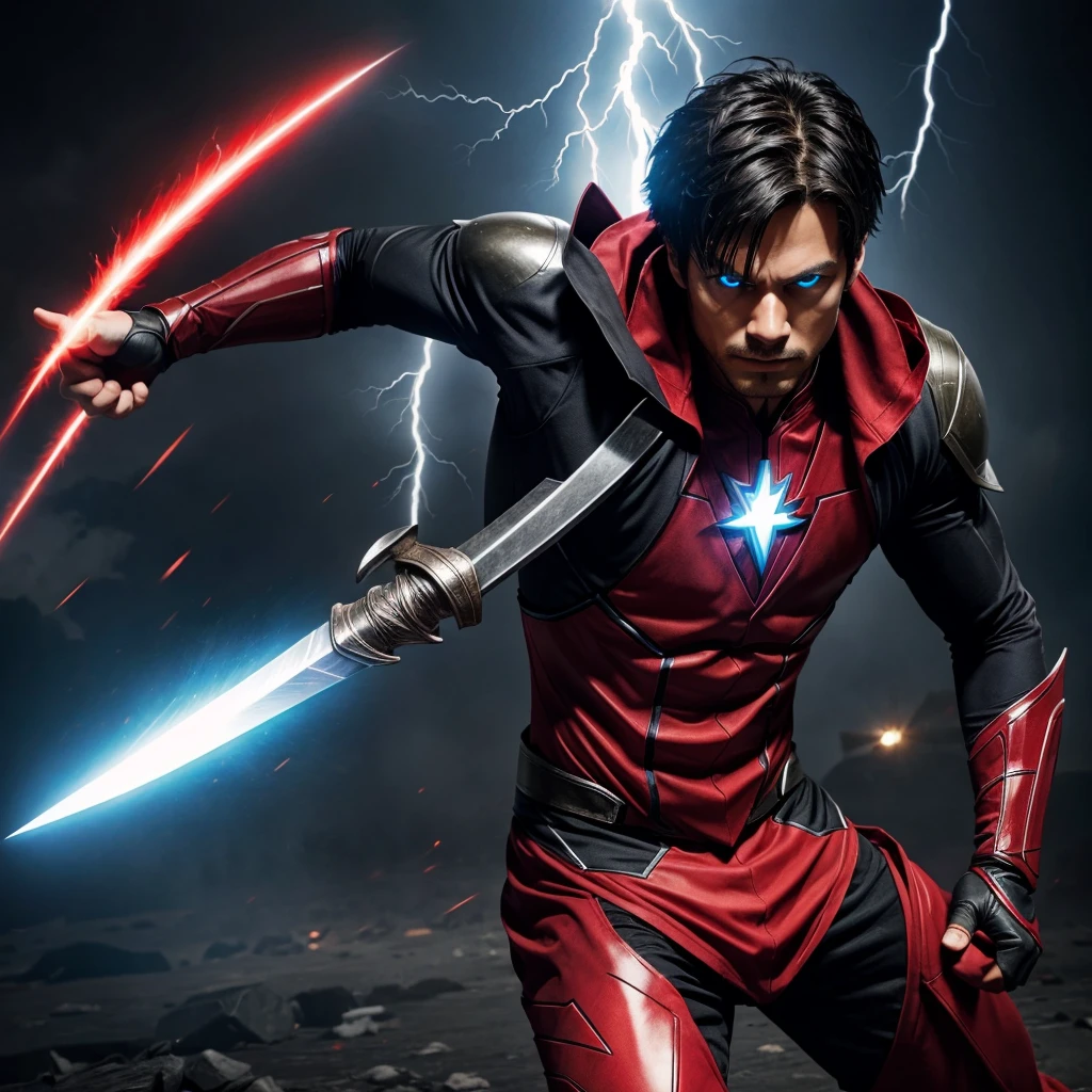 Create a man superhero suit with fighting skill and magic power and lightning and flying power with a powerful sword black and red combo and  red eye suit like anime 