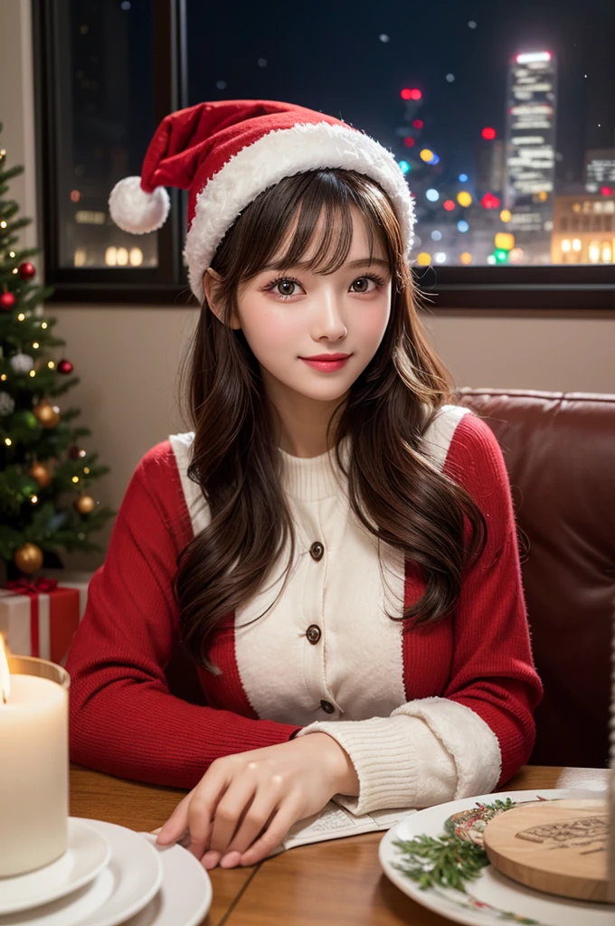 (1girl:1.3), (Extremely cute, Amazing face and eyes), solo, realistic, santa hat, christmas, long hair, fire, long sleeves, red sweater, smile, christmas tree, scenery, fireplace, window, couch, table, indoors, cityscape, christmas lights, christmas ornaments, building, night, chair, city, carpet, lamp, rug, city lights, snowing, stuffed toy, curtains, candle, gift box, stuffed animal, snow, cup, pillow, instrument, skyscraper, sky, teddy bear, cushion, (Best Quality:1.4), photo realistic, raw photos, professional photograpy, focus on girls face,