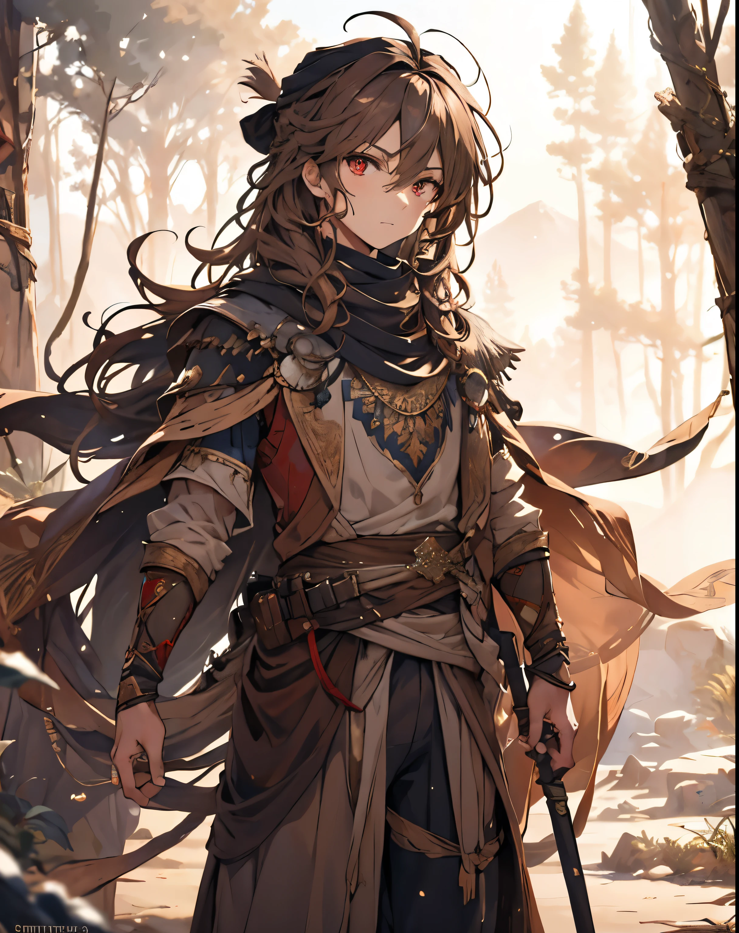 masterpiece, 1men, sparrow, a brown haired men, wearing a arabian clothes, curly medium hair, messy hair, slim body, wearing knight clothes, he close her left eye, shirt ornament, serious expression, red eyes, stand at snowy forest, ahoge, turban, beautiful eyes, ArAr