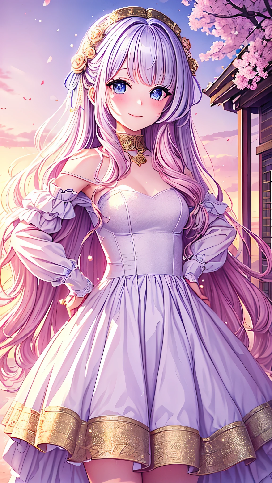 ((best quality)), ((masterpiece)), (detailed), une fille, visage parfait, Longhaire, ((golden hair)), curly hair, decorated cheveux, ultramarine blue eyes,(
a girl as beautiful as crystal, with long pink and curly hair, wearing a one-piece wedding dress, looking at the viewer and smiling, her eyes sparkling like dew drops and gold, set at a pink universe with falling cherry blossom leaves with crystals floating in the air
)