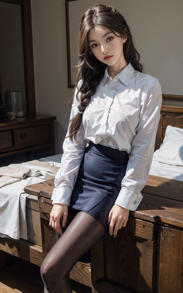 ((nsfw)), (masterpiece), (realistic), (Highly detailed 8k), strong photo studio lighting, in the night, sitting on the bed, total body, a 20 years old gravure girl, twin braids hair, light brown hair, brown eyes, slender, slender arms, big breasts, BREAK (white and gray theme:1.3), (wearing a white collared-shirt:1.4), BREAK (tight dark navy pencil skirt:1.5), (black pantyhose:1.3), opened legs, no bra, no pan, pubic hair, pointy breasts, erected nipples, sow off nipples under white shirt, ((masturbation)),