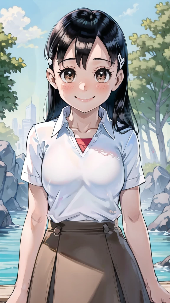 ((best quality)), ((masterpiece)), (details), one girl, sexy ((best quality)), ((masterpiece)), (details), one girl, sexy ((best quality)), ((masterpiece)), (details), one girl, full body, sexy expensive body, expensive, long legs, mature woman, mature, adult, it_nagatoro_main, Hayase Nagatoro, one girl, blushing, alone, uniform polo shirt, short sleeves, black hair,brown eyes, hair accessory, looking at viewer, hair clip, smiling, long hair, dark skinned woman, dark skin, , bangs, daytime, skirt, collared shirt, collarbone, ear clip, mouth closed, tree, asymmetrical bangs, upper body