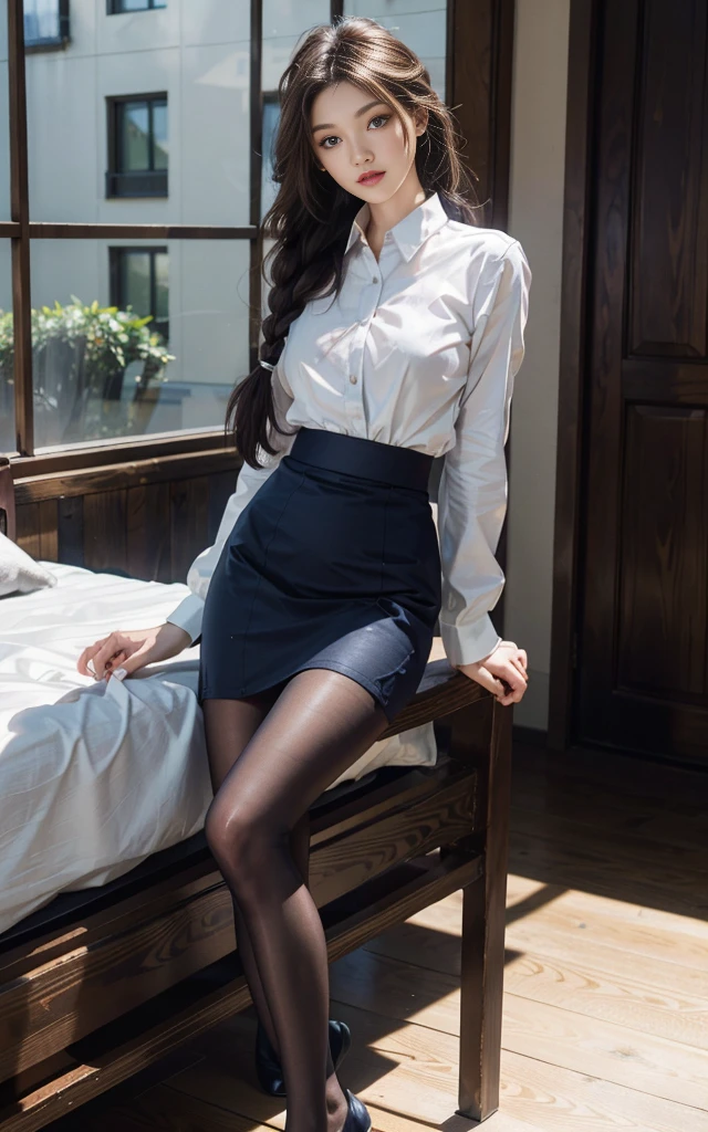 ((nsfw)), (masterpiece), (realistic), (Highly detailed 8k), strong photo studio lighting, in the night, sitting on the bed, total body, a 20 years old gravure girl, twin braids hair, light brown hair, brown eyes, slender, slender arms, big breasts, BREAK (white and gray theme:1.3), (wearing a white collared-shirt:1.4), BREAK (tight dark navy pencil skirt:1.5), (black pantyhose:1.3), opened legs, no bra, no pan, pubic hair, pointy breasts, erected nipples, sow off nipples under white shirt, ((masturbation)),
