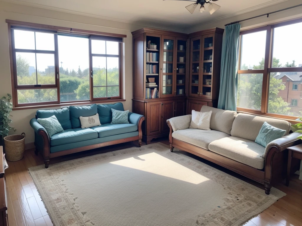 8K picture quality,Best quality,masterpiece,HD,Super rich detail,detailed,Comfortable bedroom,Large Windows,Floor-to-ceiling windows,big bed,There are pillows on the bed,Quilt,Essas roupas,notebook,There is a cabinet next to it,There are bookcases,There is a table,There are chairs,There are flowers,There is a wardrobe,There was a sofa,There are carpets,There are many books,Overall very comfortable,extremely clean,very useful,Large Windows,The scenery outside the window,There are various other flowers,and vegetable garden,There are a variety of vegetables inside,超HD真实感,Live photos,The overall color is mainly blue-green,Strong realism