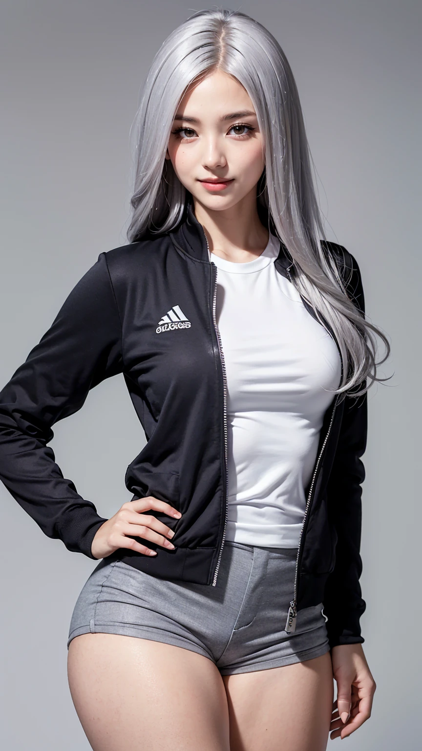 Realistic, masterpiece, Highest quality, Highest Resolution, Anatomically correct, Accurate Anatomy, (Gray blank background:1.3), (1girl:1.3), 20-year-old, Height: 165cm, Shot from thigh up, (Thick thighs:1.2), (Long Hair, Straight Hair, Silver Hair:1.3), (Squint your eyes, Sharp Eyes, (Iris:1.2)), (Hidden eyelid wrinkles:1.2), Thin eyebrows, Draw eyelashes carefully, Natural Makeup, Chin up, Grin, Slightly to the side, (Short jersey jacket and hot pants:1.3), (Pose a random model:1.2)