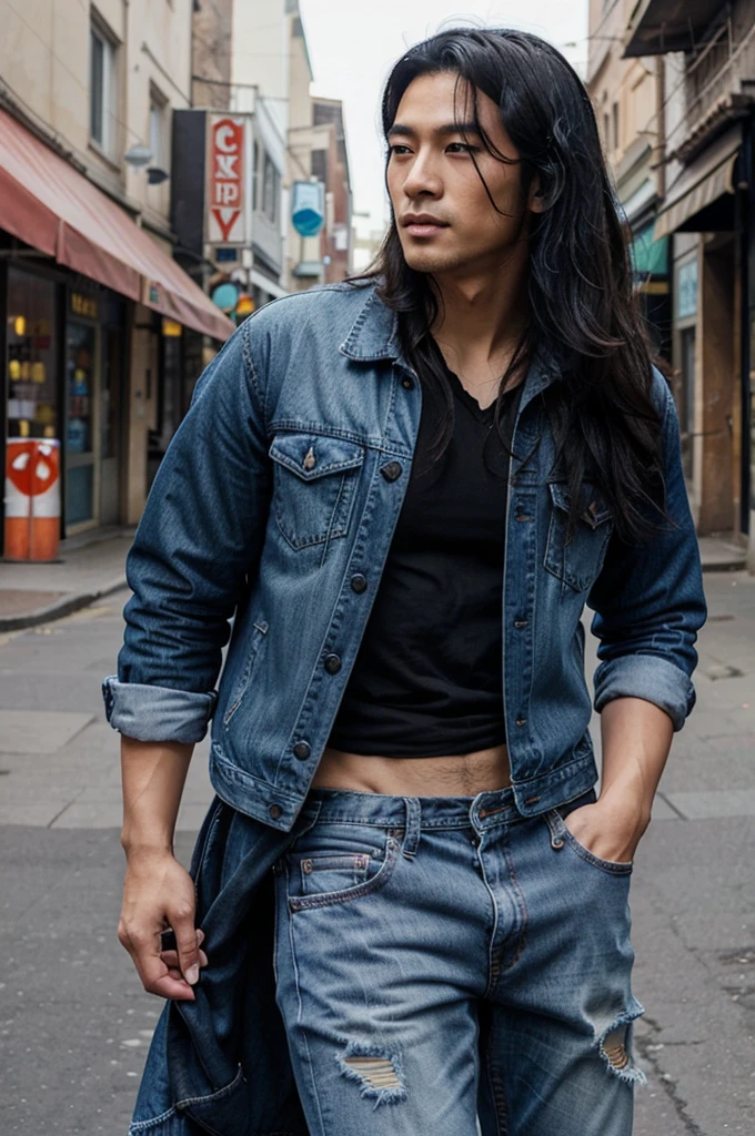 asian handsome man, with curly black long hair, use blue jeans jacket, ripped jeans, boot, large town as backgrounds