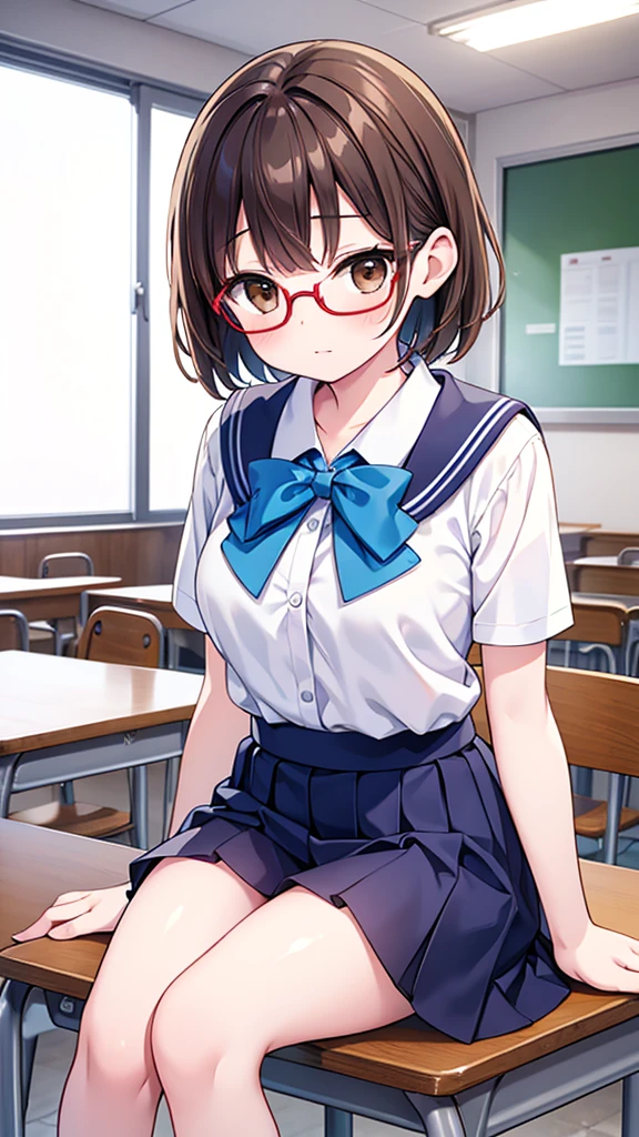 nichijo style、simple、Simple、mischief、Expectations、Shyness、Sit on a chair、School、classroom、Daytime、Cute girl , Steam rises around her, Shooting from below, One Girl, Brown Hair、Very short hair, Brown eyes、Red frame glasses、White blouse, Navy Blue Skirt, Navy blue socks, Brown Loafers, White panties、Thin legs、Small breasts, Highest quality, 4K, 8K, High resolution, masterpiece:1.2, Very detailed, Realistic, photoRealistic, photo-Realistic:1.37, High resolution, 超High resolution, Studio Lighting, Ultra-fine painting, Sharp focus, Physically Based Rendering, Very detailed説明, Professional, Vibrant colors, Bokeh