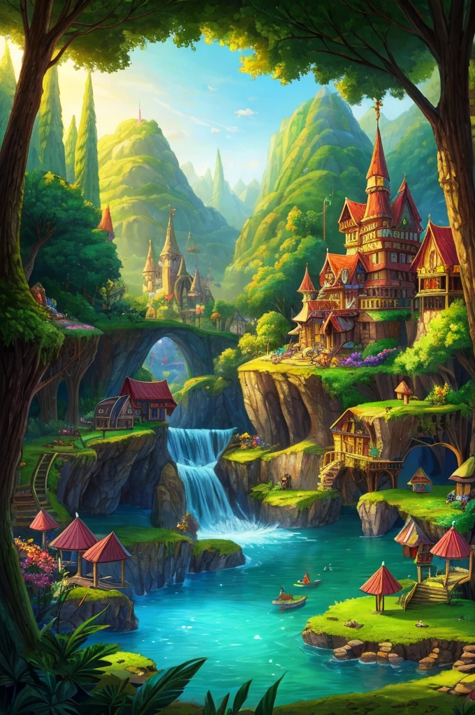 Colorful woods，Cartoon illustration of fantasy forest with tree house and stream, colorful concept art, made of tree and fantasy valley, arte de fundo, fairy kingdom forest, Stylized concept art, enchanted magical fantasy forest, magical fantasy 2 d concept art, fairy tale style background, a bustling magical town, whimsical fantasy landscape art, elf forest background, medeival fantasy town
