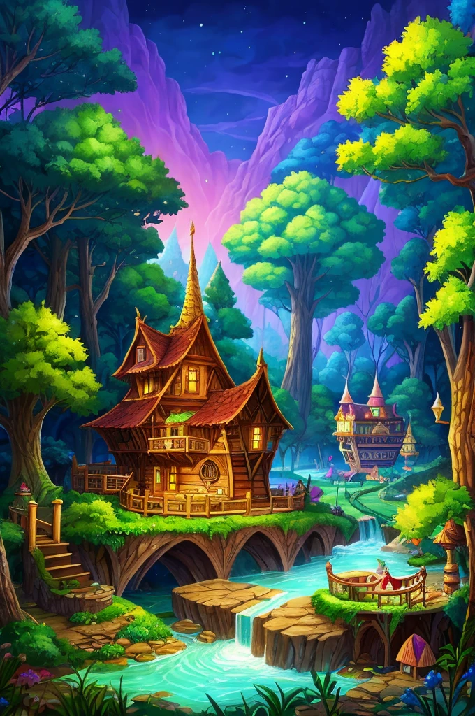 Colorful woods，Cartoon illustration of fantasy forest with tree house and stream, colorful concept art, made of tree and fantasy valley, arte de fundo, fairy kingdom forest, Stylized concept art, enchanted magical fantasy forest, magical fantasy 2 d concept art, fairy tale style background, a bustling magical town, whimsical fantasy landscape art, elf forest background, medeival fantasy town