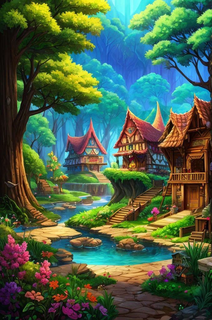 Colorful woods,Cartoon illustration of fantasy forest with tree house and stream, colorful concept art, made of tree and fantasy valley, arte de fundo, fairy kingdom forest, Stylized concept art, enchanted magical fantasy forest, magical fantasy 2 d concept art, fairy tale style background, a bustling magical town, whimsical fantasy landscape art, elf forest background, medeival fantasy town