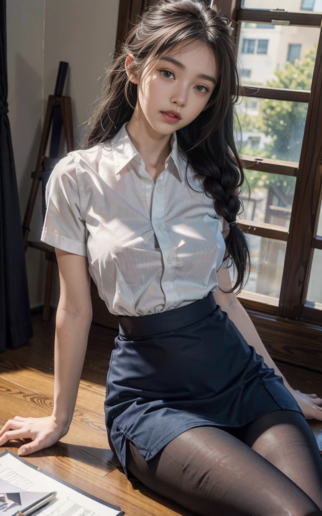 ((nsfw)), (masterpiece), (realistic), (Highly detailed 8k), strong photo studio lighting, in the night, sitting on the bed, total body, a 20 years old gravure girl, twin braids hair, light brown hair, brown eyes, slender, slender arms, big breasts, (white and gray theme:1.3), (wearing a white collared-shirt:1.4), (tight dark navy pencil skirt:1.5), (black pantyhose:1.3), opened legs, no bra, no pan, pubic hair, pointy breasts, erected nipples, sow off nipples under white shirt, ((masturbation)),