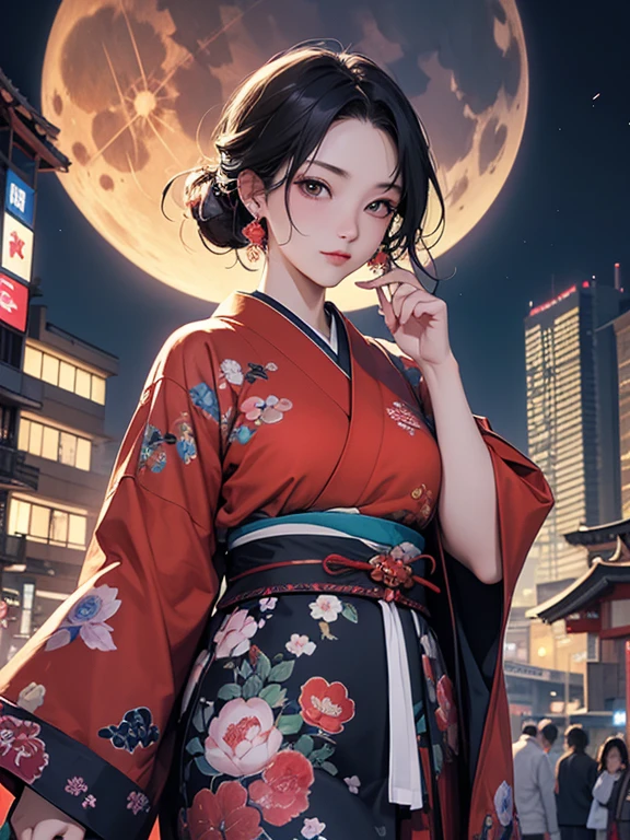 (Highest quality、masterpiece、High resolution、8K)、Vibrant colors、Japanese Nebuta Festival、Digital Art、City of night、full moon、A Midsummer Night&#39;s Dream、Beautiful yukata、