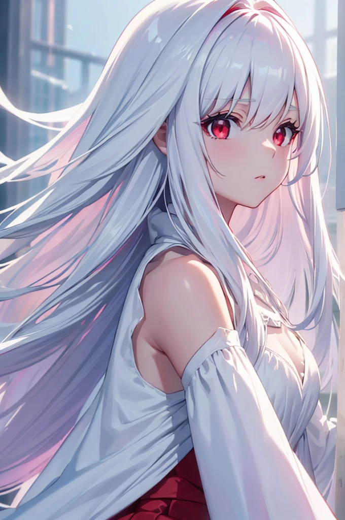 (masterpiece:1.3), (best quality:1.1), (8k, ultra detailed, ultra high res:1.2), ((anime style)), perfect 5 fingers, perfect anatomy, 
1girl,
BREAK long hair, (white hair:1.2), 
red eyes, dress, (Opalescent dress:1.4), 
(looking up:1.2), shoot from side, 
upper body, 
standing, 
no background, 