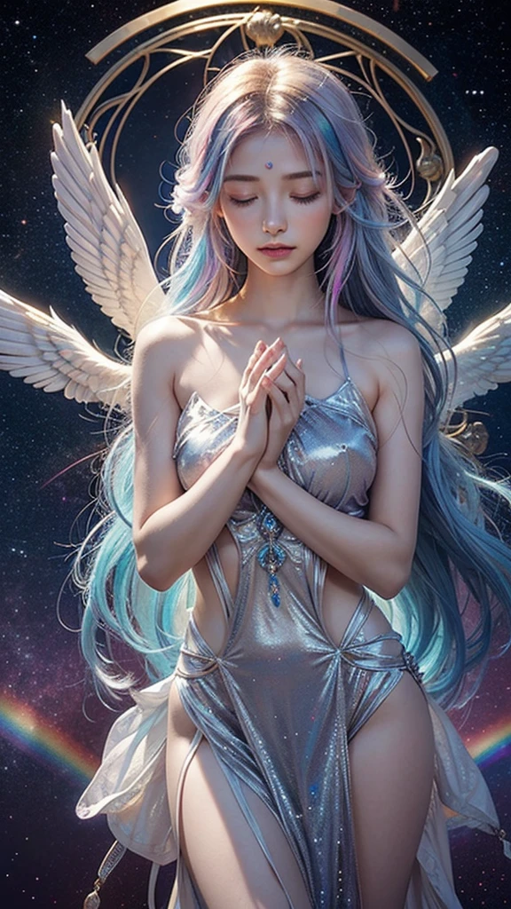 “A beautiful ethereal angel with rainbow-colored hair, glowing skin, and intricate celestial symbols surrounding her. She has a serene expression with closed eyes, hands clasped in prayer, and large, radiant wings. The background is filled with cosmic light and mystical patterns, creating a divine and otherworldly atmosphere.”