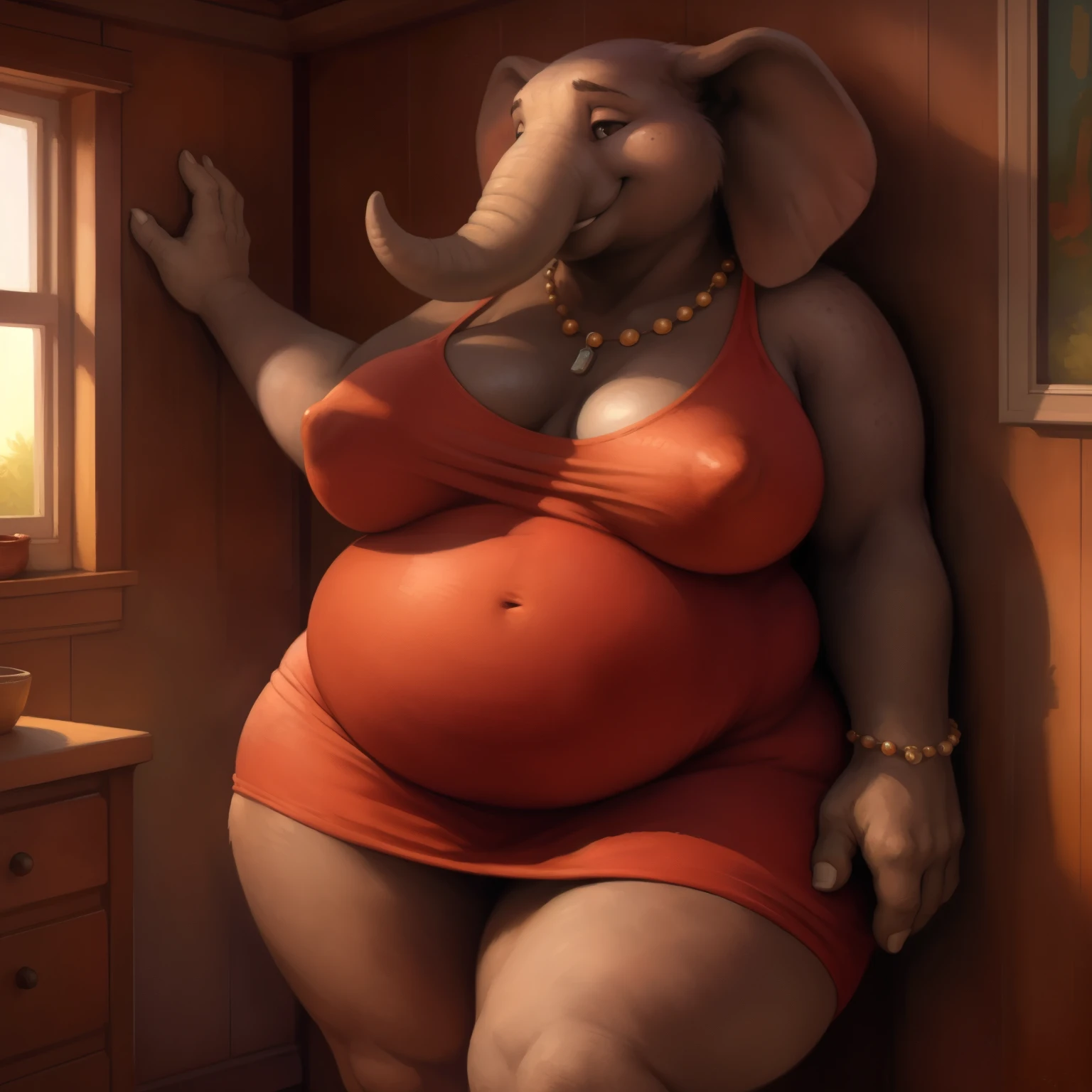 solo, a beautiful and detailed full size portrait of a female anthro elephant, (((Meena's Mother))), against wall, front shot, front view, shy, big body, sexy body, fat body, chubby body, (natural curvy body proportions:1.15). (wide body). goddess, kenket, Ross Tran,ruan jia, trending on artstation,foxovh, cenematic lighting, looking at viewer, standing, pose, house, big , big , big , big butt, ((red dress, nipple outline, jewlery)), smile, bedroom