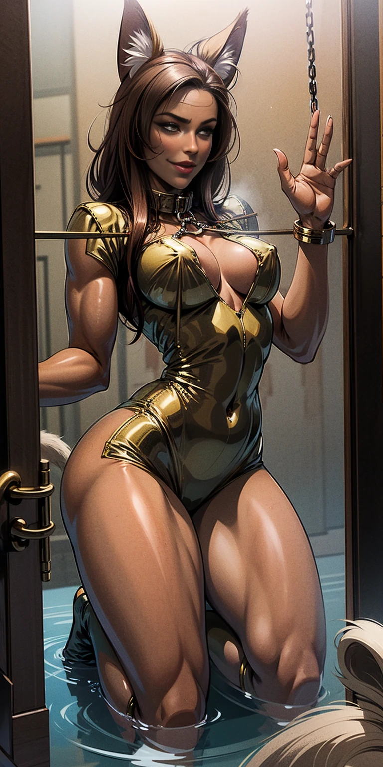 Latex girl lustful smirking smile red blush red cheeks, chain leash, kneeling, shackles, leather black collar slave, dog ears, fluffy dog ears, hands on glass breasts on glass ass on glass window fog water drop