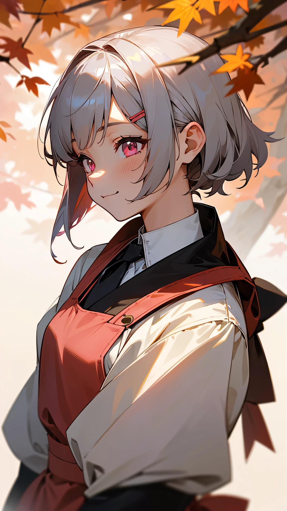1 Girl、Anime style painting、Upper body close-up、From the side、Wicked Smile、Brown apron、Silver and bob short hairstyle、Tie your hair up with a hair clip、Pink Eyes、Perfect lighting、Autumnal leaves々、Momiji Park、Background Blur, Written boundary depth