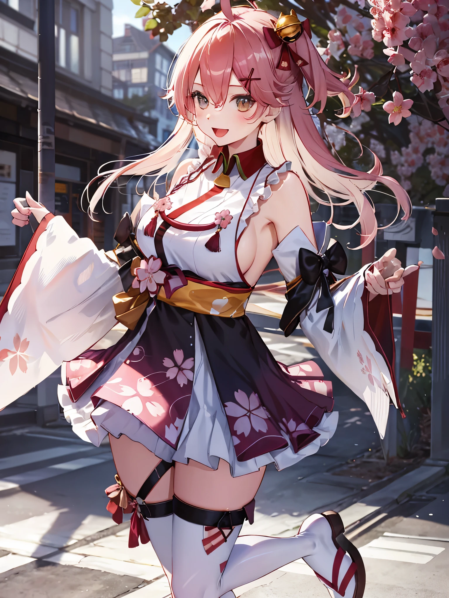 masterpiece, best quality, highres, miko1, sakura_miko, 1girl, big_boobs, solo, ahoge, x_hair_ornament, pink_hair, floral print, hairclip,(side_less_clothes:1.5), (side_boobs:1.5), hair_bell, floral print, long_hair, hair between eyes, one side up, white thighhighs, asymmetrical legwear, wide sleeves, open_mouth,(happy:1.3),gleen_eyes,big_smile,(rise_leg:1.3),plump,apart_legs,(overly_long_sleeves:1.3),),sleeves_past_wrists,hands_hidden_sleeves,sidelock_clothes,dynamic_posing,solo,hidden_wrists,(XD:1.4),covered_nipples,sunlight,cherryblossom_background,
