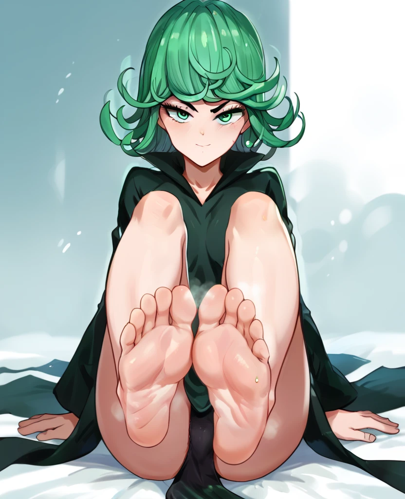 artwork, high quality, a tatsumaki girl, beautiful, with green eyes, short green hair, with a mischievous smile, small breasts, sitting on a bed, with a black dividend, black panties, bare legs, barefoot, view of the soles of the feet, protruding feet, steamy feet, focus on feet, bottom up view 