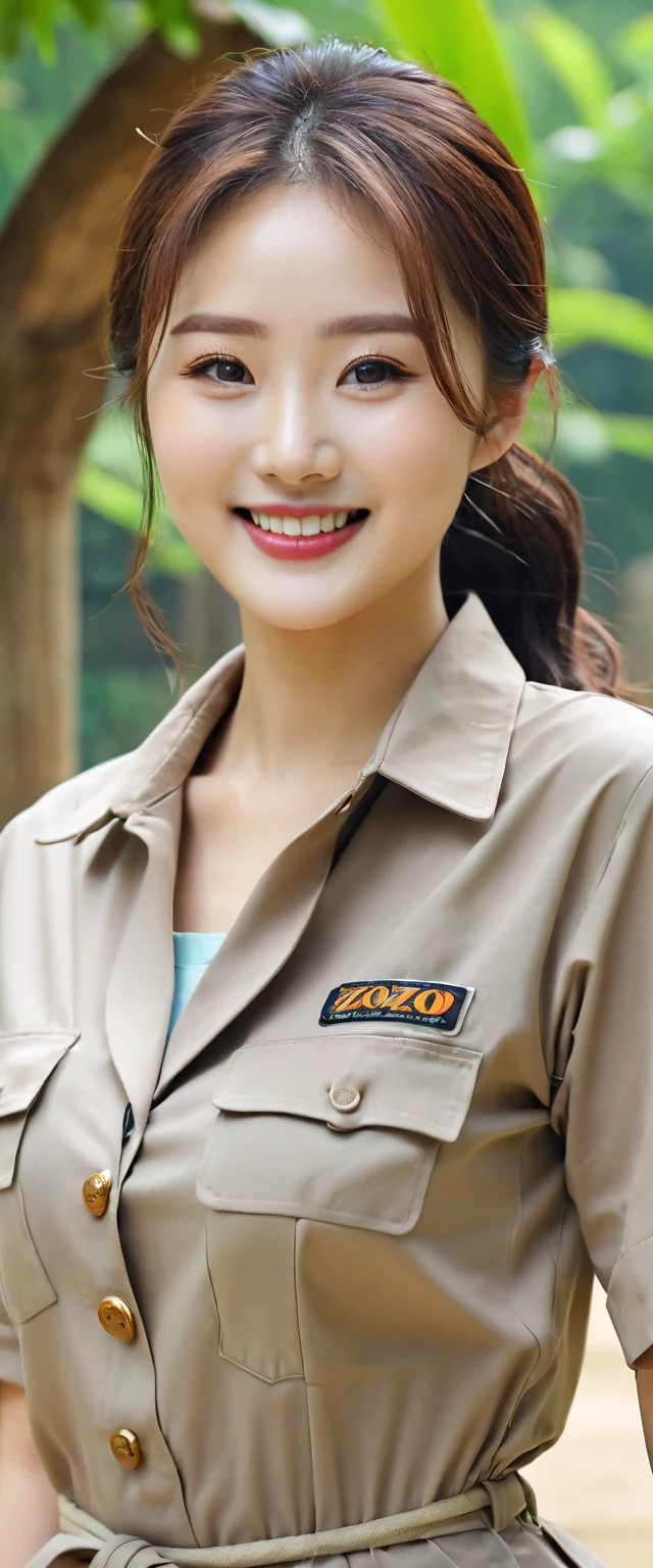 Close up of beautiful Korean woman, 34 inch chest size, Dressed as a zoo staff, Smile, At the zoo, Scenery background, Ultra HD