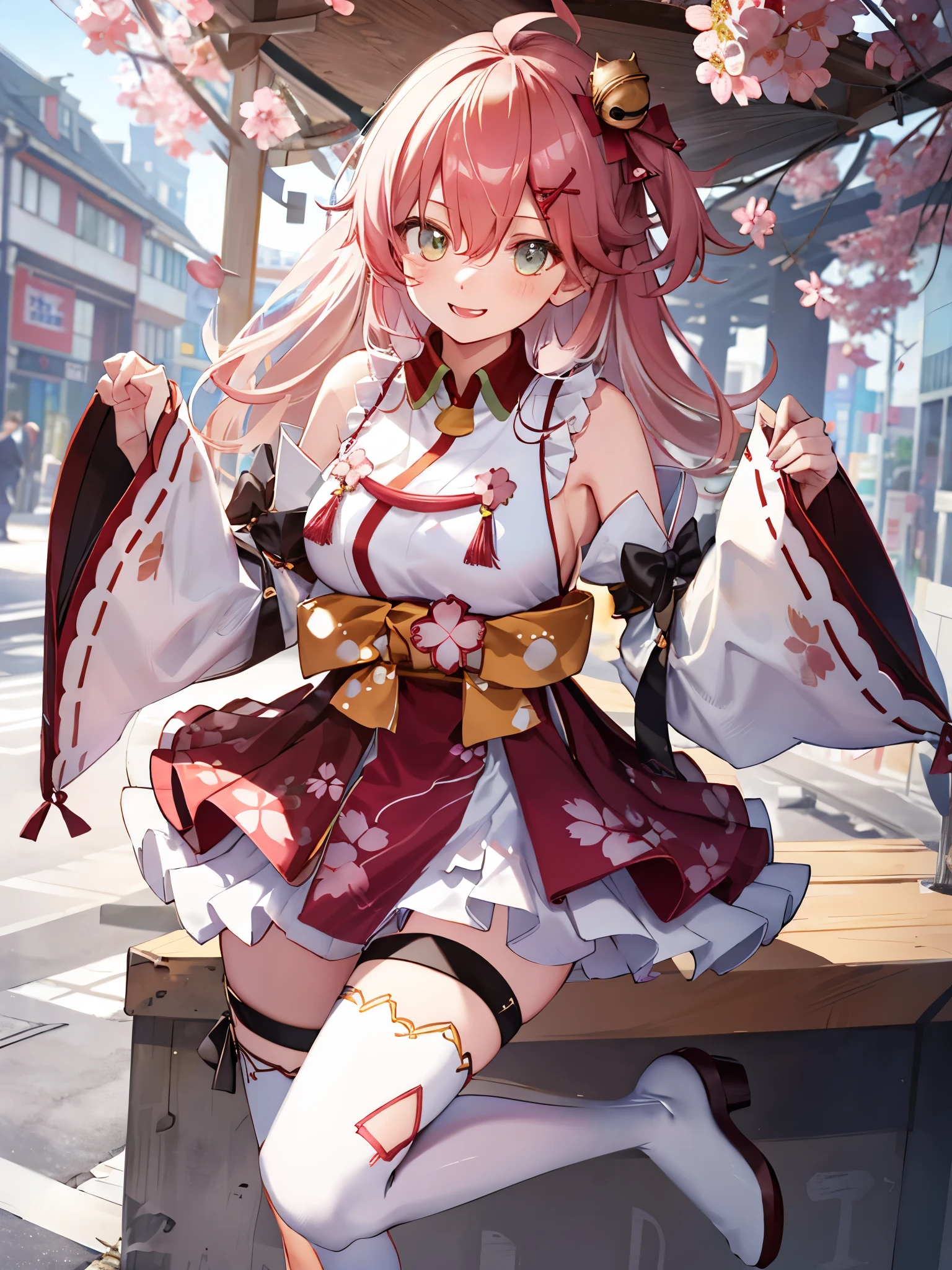 masterpiece, best quality, highres, miko1, sakura_miko, 1girl, big_boobs, solo, ahoge, x_hair_ornament, pink_hair, floral print, hairclip,(side_less_clothes:1.5), (side_boobs:1.5), hair_bell, floral print, long_hair, hair between eyes, one side up, white thighhighs, asymmetrical legwear, wide sleeves, open_mouth,(happy:1.3),gleen_eyes,big_smile,(rise_leg:1.3),plump,apart_legs,(overly_long_sleeves:1.3),),sleeves_past_wrists,hands_hidden_sleeves,sidelock_clothes,dynamic_posing,solo,hidden_wrists,(XD:1.4),covered_nipples,sunlight,cherryblossom_background,