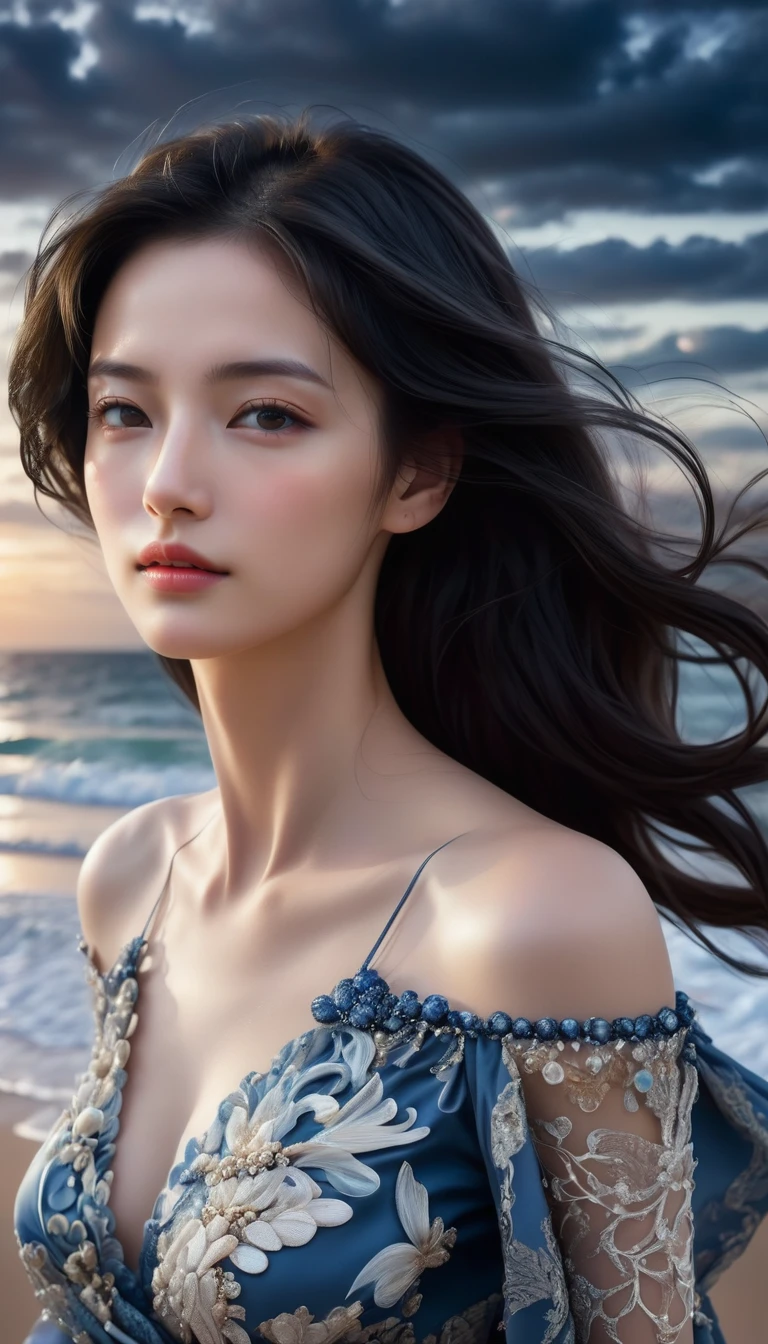 ((Masterpieces with up to 16K resolution:1.6)),Highest quality,it is really amazing,Very detailed,Ultra-high resolution,((Real:1.5)),((Realistic:1.5)),Increased depth of field,((Cinematic Light Effects:1.5)),
Elegant mature woman,Walking on the beach,
Long black hair,((Ultra-detailed and beautiful faces:1.5)),Translucent white skin,Very detailedな肌の質感,Great proportions,Anatomically correct body,
elegant beach dress,Artistic design,Beautiful and detailed pattern,Luxurious jewellery decoration,Detailed fabric texture,
Coastal landscape at dusk,Dark clouds and dark sky,delay々Continuing sandy beach, Deserted Beach,Dark sea surface,
((Face close-up:1.6)),