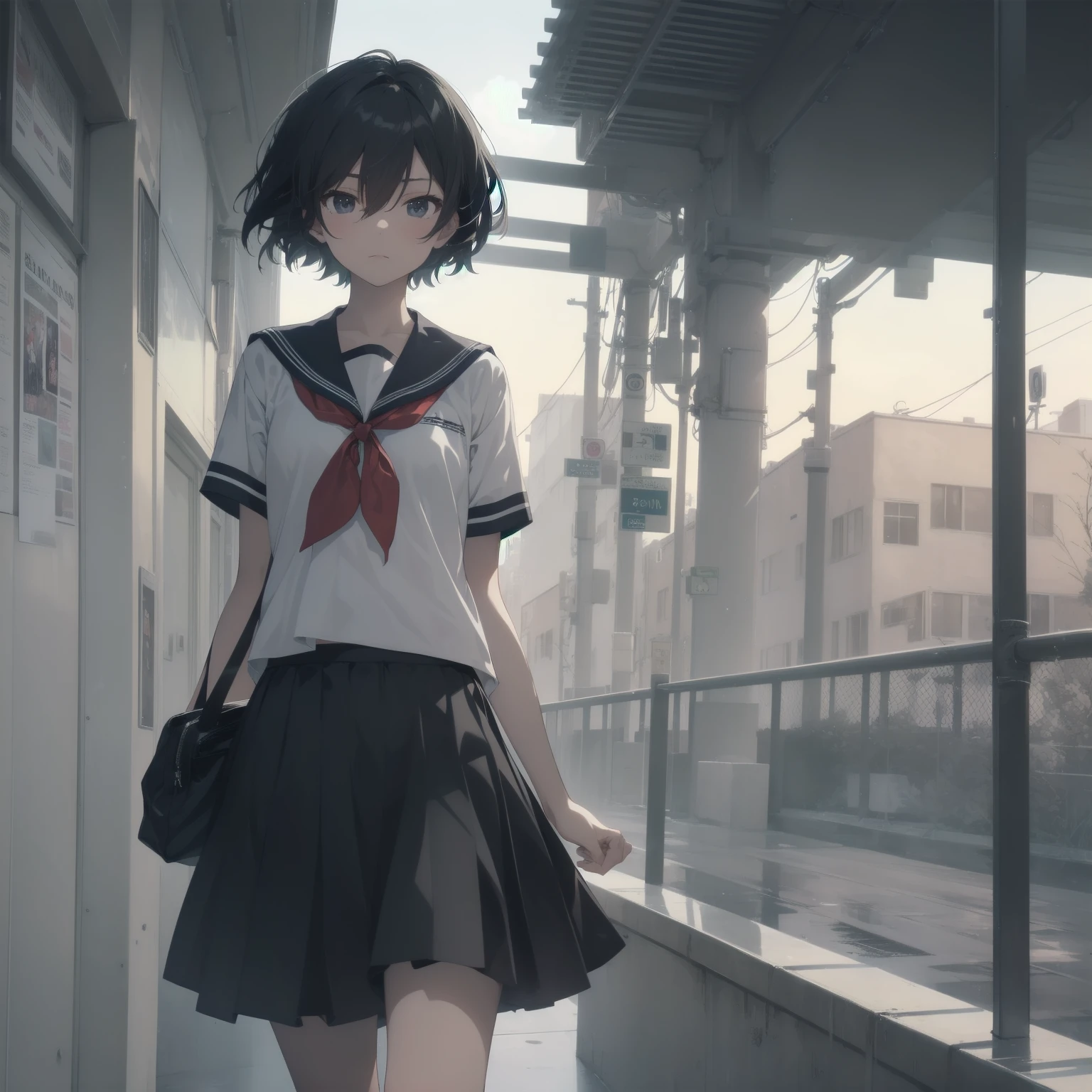 ultra-absurdres-Top quality by artist God, ultra-detailed, high resolution, anime moe artstyle, best anime 8k konachan wallpaper, pixiv contest winner, pool:2810, perfect anatomy,break, 1girl, (Please draw a girl walking sleepily to school alone. )break,(Solo,little female, 13-year-old:1.3),Full limbs, complete fingers,a junior high school student, (very short hair), short cut, flat chest, , small butt, small black eyes, beautiful detailed eyes, well-proportioned iris and pupils, expressive eyes, highres detailed hair, soft expression, salor school_uniform, sailor collar, serahuku, bow, pleated skirt,(Detailed Lighting), (Detailed background), in the School commute route. break,super detailed skin, Best cinematic lighting powered by famous artist, 8k,beauty illustration,photoshop_(medium),very aesthetic,break,((artist:tomose_shunsaku )), artist:clamp ,artist:carnelian ,artist:kantoku ,