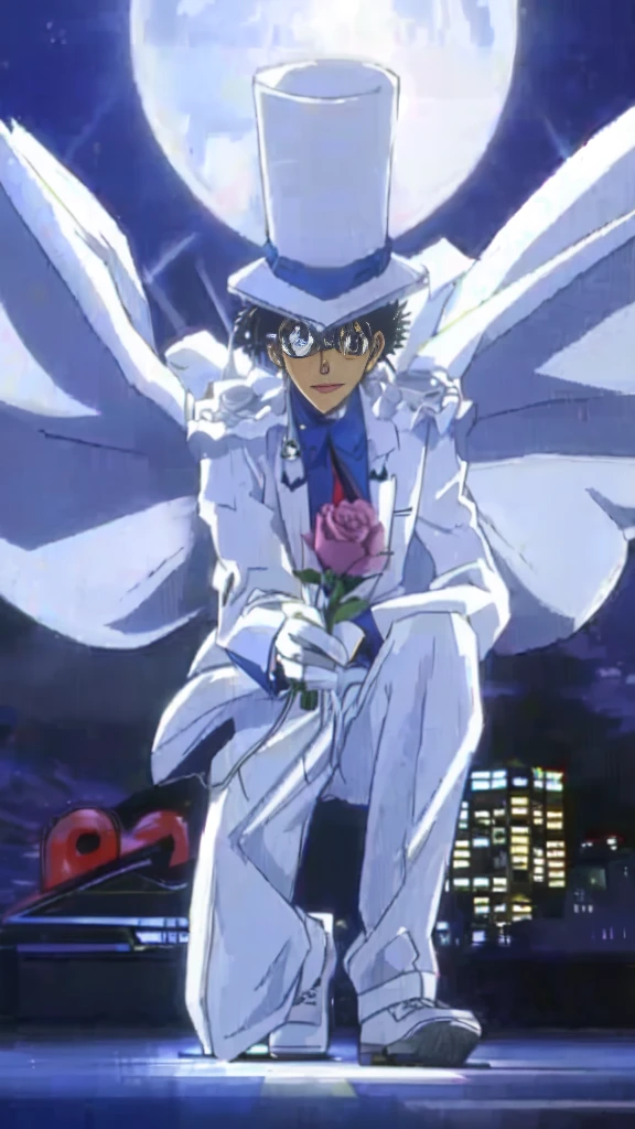 Highest quality、Highest quality with wings and a top hat、Anime characters holding roses, In a flowing white tailcoat, Shinji, shinichi sakamoto, Dynamic Leadership Style, safebooru anime images, White Fox Anime, leiji matsumoto, what are you doing？, 80s anime has this style, 1990s anime, 1990s anime