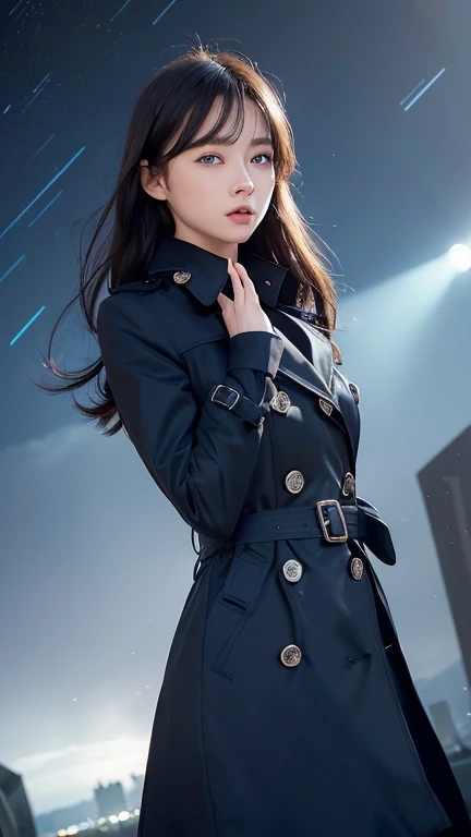 (Highest quality, masterpiece),(One girl, trench coat,expression, blue eyes, View your viewers, Black Hair, Mouth closed, Dress shirt, Black Skirt, Waving to the audience), (Reduce Blue Light, Blue glass shards swirling behind, Floating objects, Night Sky)