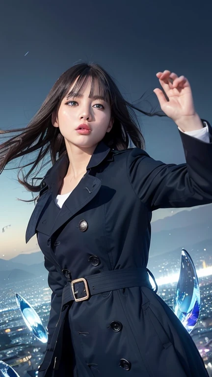 (Highest quality, masterpiece),(One girl, trench coat,expression, blue eyes, View your viewers, Black Hair, Mouth closed, Dress shirt, Black Skirt, Waving to the audience), (Reduce Blue Light, Blue glass shards swirling behind, Floating objects, Night Sky)