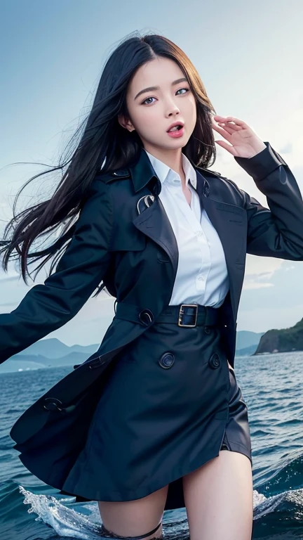 (Highest quality, masterpiece),(One girl, trench coat,expression, blue eyes, View your viewers, Black Hair, Mouth closed, Dress shirt, Black Skirt, Waving to the audience), (Reduce Blue Light, Blue glass shards swirling behind, Floating objects, Night Sky)