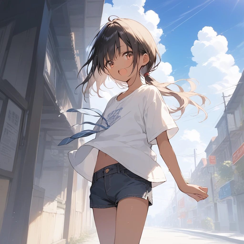 score_9, score_8_up, score_7_up, source_anime, best quality, masterpiece, official art, absurdres, highres, ultra-detailed,waifu2x,Collection: Slice of Life,break,1girl, tomboy, dark-skinned female, short hair, low ponytail, flat chest, beautiful detailed eyes, short shorts, sweat, open mouth, (yawn:0.3), sleepily, outdoors, wind,break,(clear line illustration:1.2), super detailed skin,very high resolution, very aesthetic, Best sexual lighting powered by famous artist, 8k,cute picture,beauty illustration,photoshop_(medium),,(Detailed Lighting),best anime 8k konachan wallpaper, pixiv contest winner,