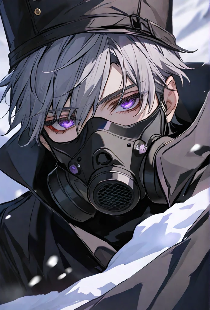 solo, handsome, 1 male, short hair, gray hair, purple eyes, black coat, black plague gas mask, black gloves, black top hat,background snow mountain,delicate face