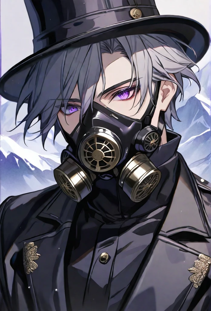 solo, handsome, 1 male, short hair, gray hair, purple eyes, black coat, black plague gas mask, black gloves, black top hat,background snow mountain,delicate face