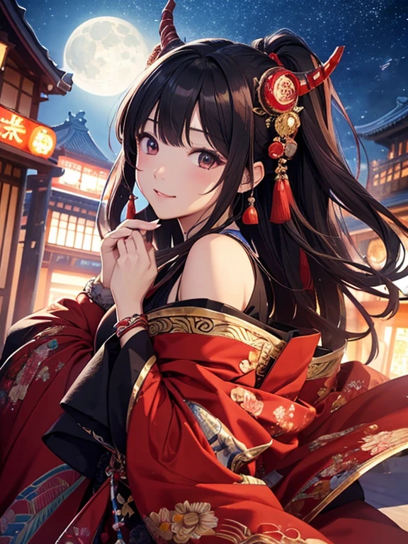 (Highest quality、masterpiece、High resolution、8K)、Vibrant colors、Japanese Nebuta Festival、Digital Art、City of night、full moon、A Midsummer Night&#39;s Dream、Beautiful yukata、