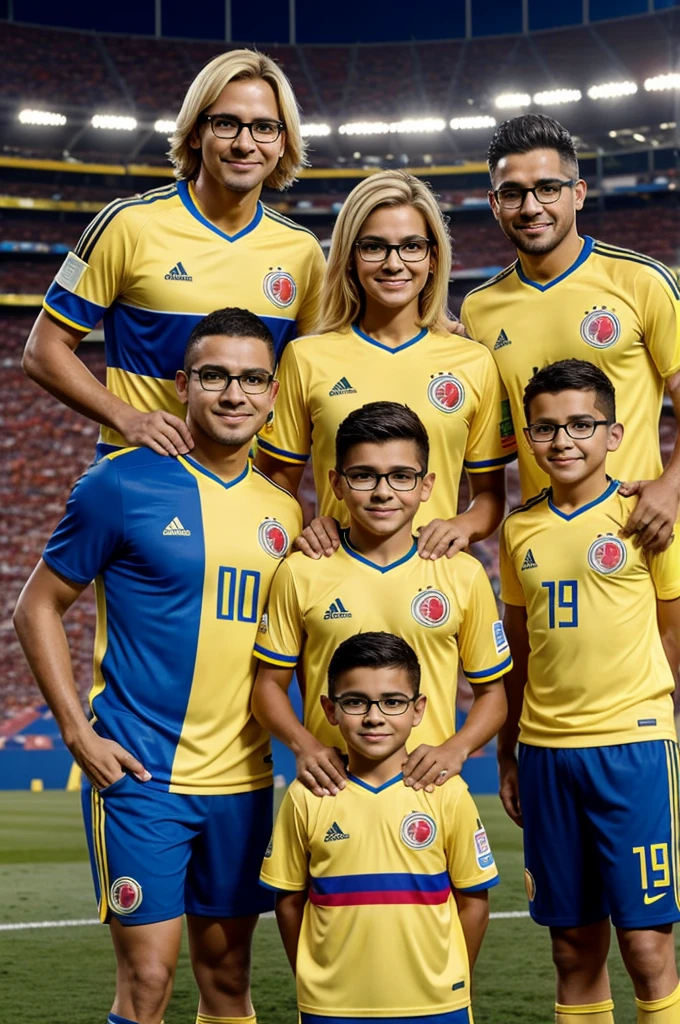 A family of mom Laura is blonde ,Dad Fabián has glasses and son Martín is small ,with the shirt of the Colombia soccer team with the background of a stadium