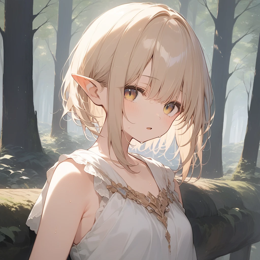 score_9, score_8_up, score_7_up, source_anime, best quality, masterpiece, official art, absurdres, highres, ultra-detailed,waifu2x,Collection: Slice of Life,break,1girl, elf, short hair, slender, androgynous,expressionless, small breasts, beautiful detailed eyes, green shorts, sweat, open mouth, sleepily, outdoors, forest, spring,break,(clear line illustration:1.2), super detailed skin,very high resolution, very aesthetic, Best sexual lighting powered by famous artist, 8k,cute picture,beauty illustration,photoshop_(medium),,(Detailed Lighting),best anime 8k konachan wallpaper, pixiv contest winner,