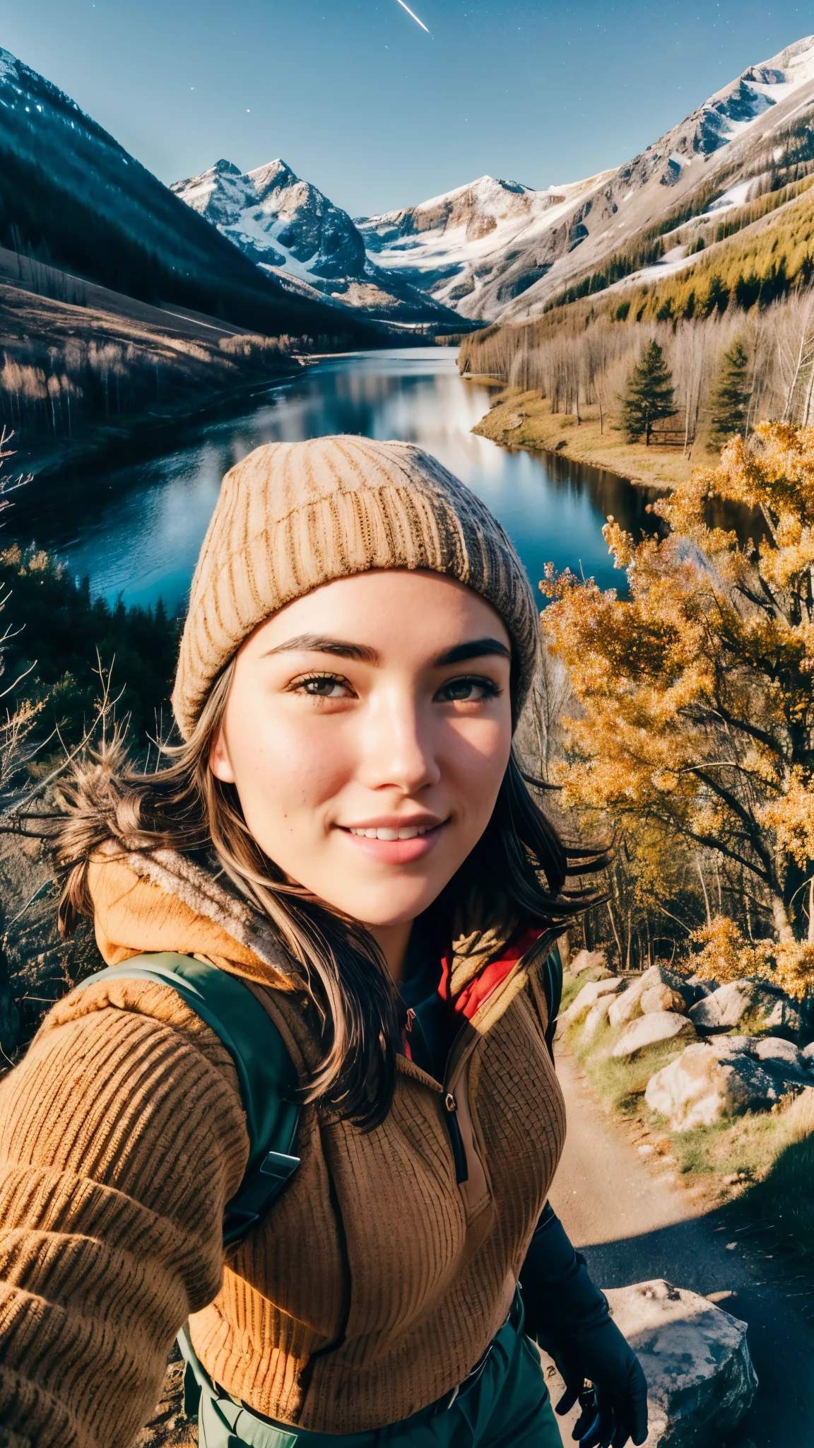 VeronicaCipher ((upper body selfie, happy)), masterpiece, best quality, ultra-detailed, solo, outdoors, (night), mountains, nature, (stars, moon) cheerful, happy, backpack, sleeping bag, camping stove, water bottle, mountain boots, gloves, sweater, hat, flashlight, forest, rocks, river, wood, smoke, shadows, contrast, clear sky, analog style (look at viewer:1.2) (skin texture) (film grain:1.3), (warm hue, warm tone) :1.2), close up, cinematic light, sidelighting, ultra high res, best shadow, RAW, upper body, , wearing pullover
kodak vision 3,