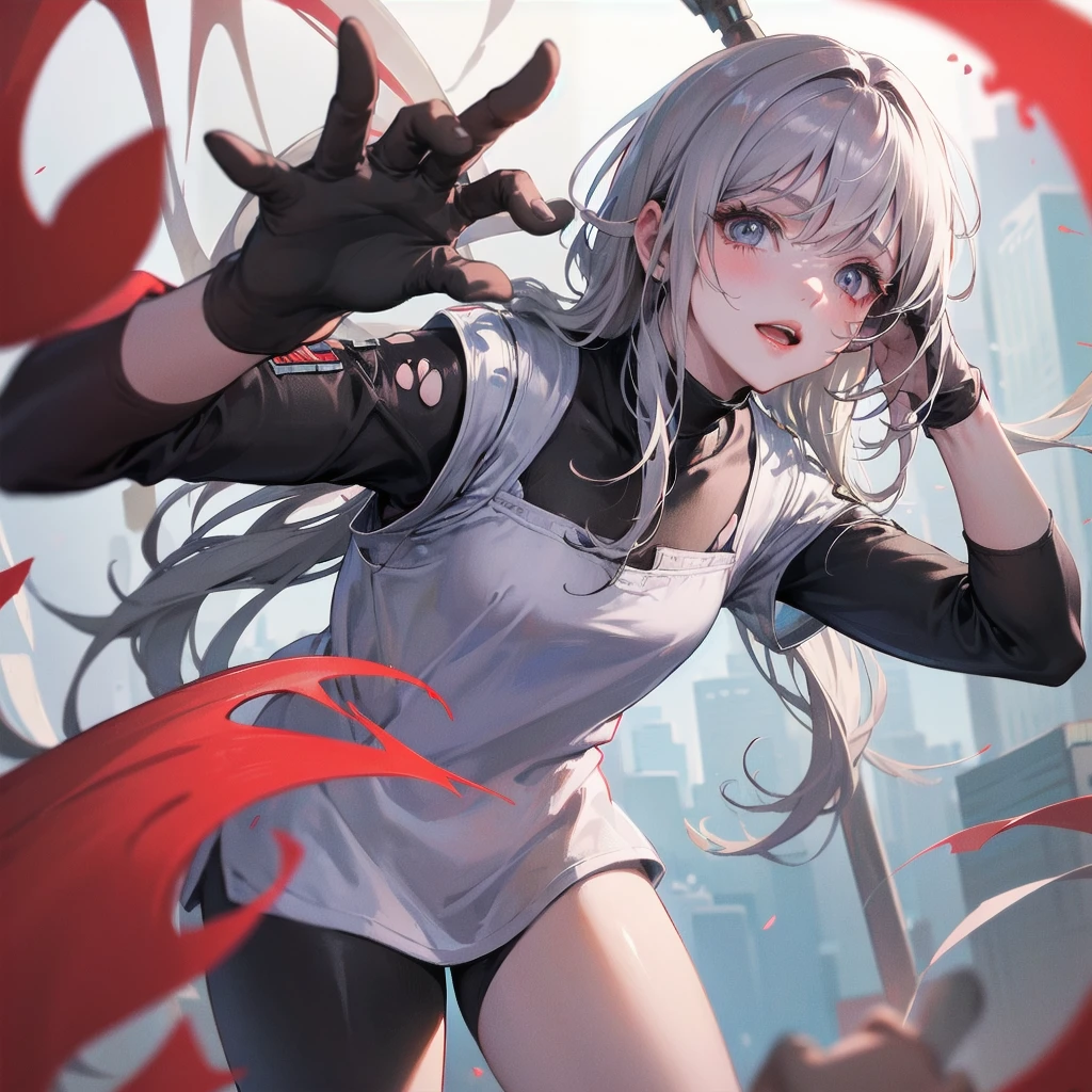 Outlook, Cute Smile, Strange Perspective, Red sweater,( change)Moderate, Separate Color,bs shoulder, Blushed,(Gray Hair), White Gloves,White boots,dirty,Torn clothes,Clothing that shows blood:1.3),, Tearing the cloak, tear pantyhose ,Cyberpunk Streetwear,in contrast,Cyberpunk Character Fashion,Wear high fashion clothes, , Bring your poster to life、impressive,Full Wear, Stylish,noon、From above、Observe your audience、Exquisite limbs、Elaborate eyes、Delicate fingers