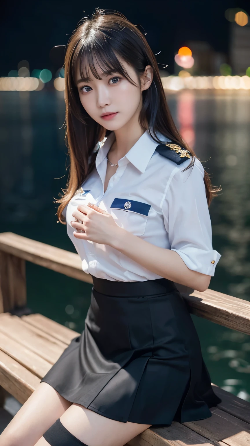 An innocent 20-year-old girl、((Japanese Police Officer, Sexy police uniform, skirt, Cute and elegant, Dramatic Pose)),smile,Night city background,shortcut、RAW Photos, (8K、Highest quality、masterpiece:1.2)、(Intricate details:1.4)、(Photorealistic:1.4)、Octane Rendering、Complex 3D rendering with ultra-detail, Studio Soft Light, Rim Light, Vivid details, Super Detail, Realistic skin texture, Detailed aspect, Beautiful details in the eyes, Highly detailed CG Unity 16k wallpaper, compensate, (Detailed Background:1.2), Glowing Skin, whole body,Put your hands down、Spread your legs and show me your panties,Sit on a bench