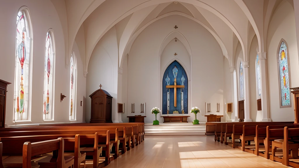 The image captures the altar of a simple church, highlighting its modest and welcoming atmosphere. No centro do altar, there is a wooden cross, central symbol of the Christian faith. The altar is adorned with a white tablecloth and some fresh flowers, bringing a touch of color and life to the space. Candles lit next to the cross add soft, reverent lighting. Behind the altar, a wall painted white reflects the natural light that enters through the side windows, criando um ambiente sereno e espiritual. The floor is polished wood, completing the simplicity and beauty of the place of worship.