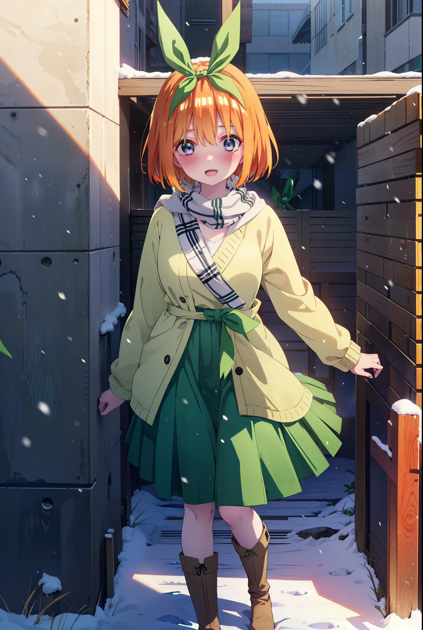 Yotsubanakano, Yotsuba Nakano, bangs, short hair, blue eyes, Hair between the eyes, hair ribbon, hair band, Orange Hair, (Green ribbon:1.5), smile, Hair between the eyes,blush, Open your mouth,White Breath,scarf,Green neck long coat,V-neck sweater,Long skirt,Black Pantyhose,short boots,Standing leaning against a wall,Snow is piling up,that&#39;it&#39;s snowing,whole bodyがイラスト入るように,Hiding in a roofed building,
break outdoors, construction area,
break looking at viewer, whole body,
break (masterpiece:1.2), Highest quality, High resolution, unity 8k wallpaper, (shape:0.8), (Beautiful attention to detail:1.6), Highly detailed face, Perfect lighting, Extremely detailed CG, (Perfect hands, Perfect Anatomy),