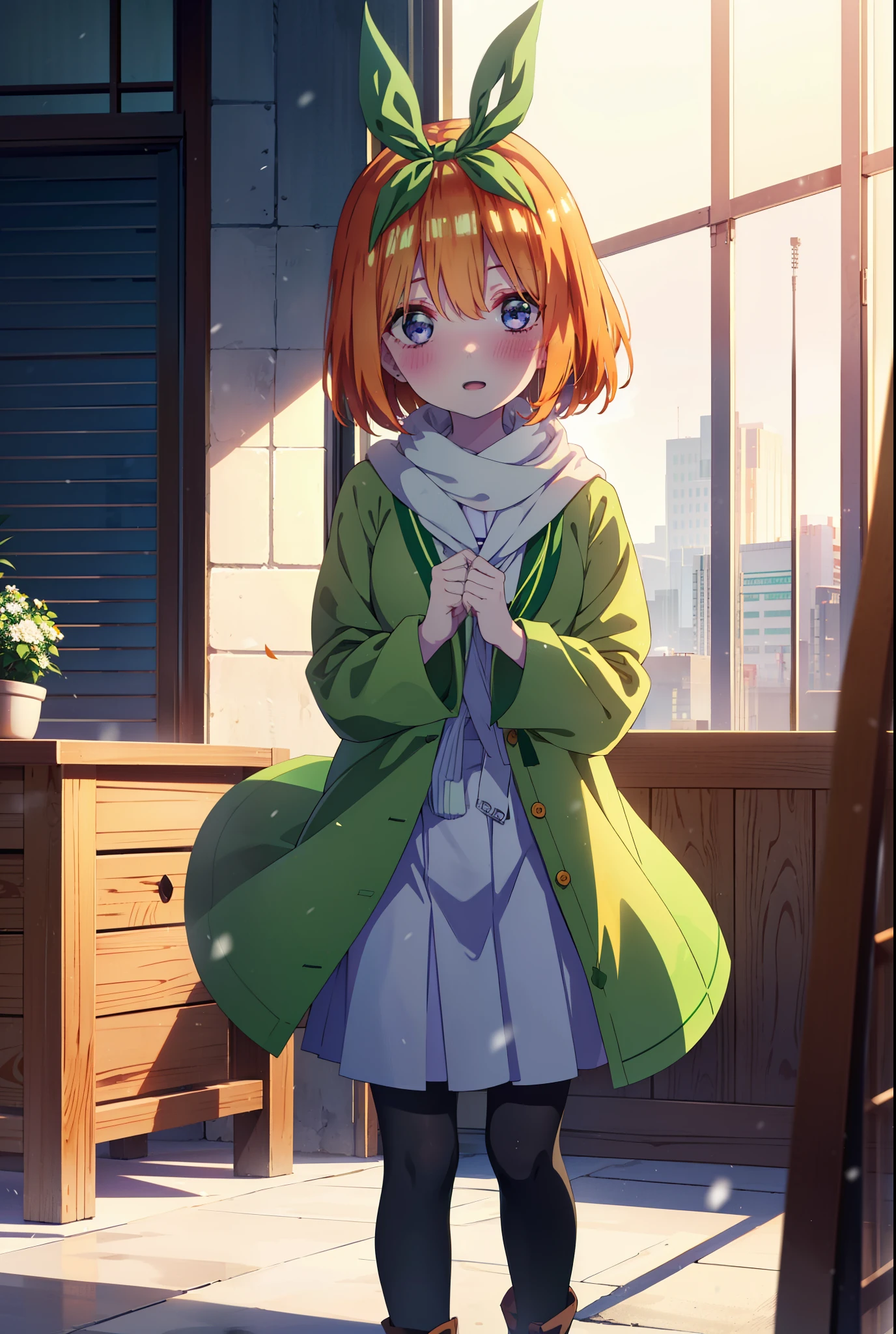 Yotsubanakano, Yotsuba Nakano, bangs, short hair, blue eyes, Hair between the eyes, hair ribbon, hair band, Orange Hair, (Green ribbon:1.5), smile, Hair between the eyes,blush, Open your mouth,White Breath,scarf,Green neck long coat,V-neck sweater,Long skirt,Black Pantyhose,short boots,Standing leaning against a wall,Snow is piling up,that&#39;it&#39;s snowing,whole bodyがイラスト入るように,Hiding in a roofed building,
break outdoors, construction area,
break looking at viewer, whole body,
break (masterpiece:1.2), Highest quality, High resolution, unity 8k wallpaper, (shape:0.8), (Beautiful attention to detail:1.6), Highly detailed face, Perfect lighting, Extremely detailed CG, (Perfect hands, Perfect Anatomy),