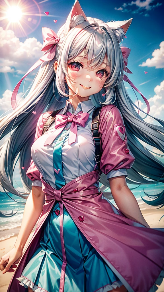 Silver hair, pink eyes, woman, sun and cloud background, teal and pink clothes, hair bows, happy face, sexy uniform outfit, sexy, cat ears, hearts, floating hearts, long thick hair, smiling face