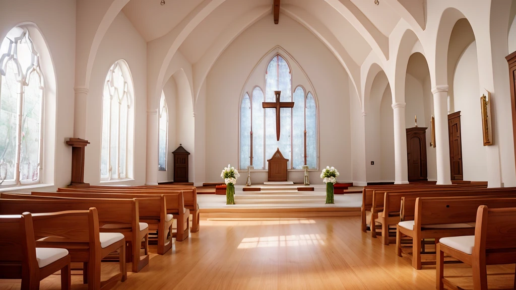 The image captures the altar of a simple church, highlighting its modest and welcoming atmosphere. No centro do altar, there is a wooden cross, central symbol of the Christian faith. The altar is adorned with a white tablecloth and some fresh flowers, bringing a touch of color and life to the space. Candles lit next to the cross add soft, reverent lighting. Behind the altar, a wall painted white reflects the natural light that enters through the side windows, criando um ambiente sereno e espiritual. The floor is polished wood, completing the simplicity and beauty of the place of worship.