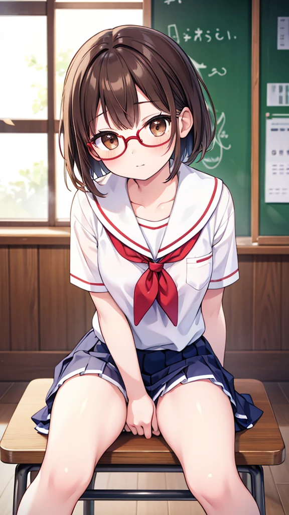 nichijo style、simple、Simple、mischief、Expectations、Shyness、Sit on a chair、School、classroom、Daytime、Cute girl , Steam rises around her, Shooting from below, One Girl, Brown Hair、Very short hair, Brown eyes、Red frame glasses、White blouse, Navy Blue Skirt, Navy blue socks, Brown Loafers, White panties、Thin legs、Small breasts, Highest quality, 4K, 8K, High resolution, masterpiece:1.2, Very detailed, Realistic, photoRealistic, photo-Realistic:1.37, High resolution, 超High resolution, Studio Lighting, Ultra-fine painting, Sharp focus, Physically Based Rendering, Very detailed説明, Professional, Vibrant colors, Bokeh