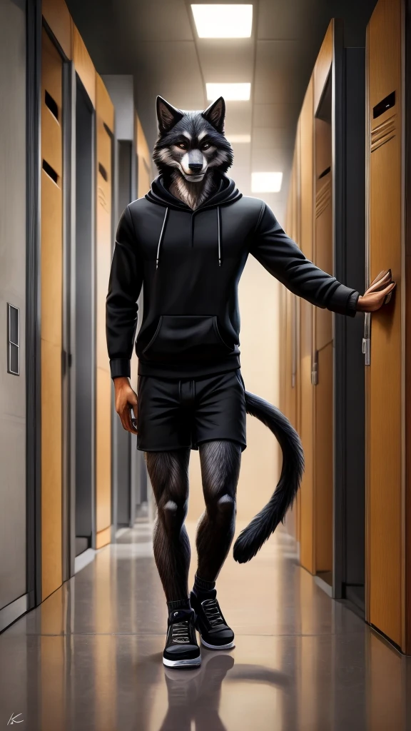 Toned muscular werewolf walking naked with his hands on his small penis and has embarrassed face. Covers the crotch. He is walking down a long hallway.