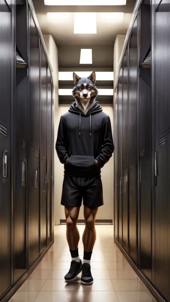 hairy，（（Wolf，black hoodie，shorts，Casual shoes，black socks）），black fur，male，Common，full body picture（（Extremely lifelike shadow，masterpiece，Very detailed，lifelike））， （（Cat）），dynamic poses，In collage corridor，smirk，leaned with back on locker，（Extremely lifelike background，masterpiece，Very detailed，lifelike）），