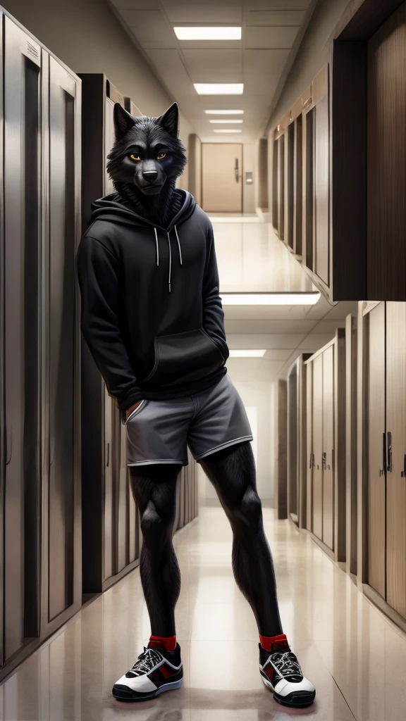 hairy,((Wolf,black hoodie,shorts,Casual shoes,black socks)),black fur,male,Common,full body picture((Extremely lifelike shadow,masterpiece,Very detailed,lifelike)), ((Cat)),dynamic poses,In collage corridor,smirk,leaned with back on locker,(Extremely lifelike background,masterpiece,Very detailed,lifelike)),