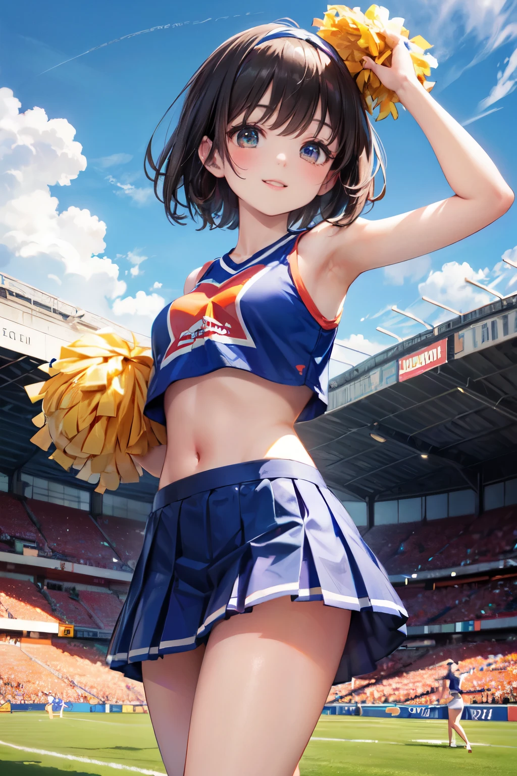 very cute and beautiful cheerleader girl,(highly detailed beautiful face),(holding pom poms:1.1),(smile:1.3),happy,
(stadium stands),cowboy shot,dynamic pose,(from below),(sleeveless orange cheerleader shirt),beautiful legs,
looking at viewer,black hair,hair band,
(best quality,masterpiece),absurdres,highres,ultra-detailed,extremely detailed,32k,8k resolution,
intricate details,cinematic scene,detailed background,solo,dynamic angle, hair fluttering in the wind,beautiful detailed sky,(realistic,photorealistic),